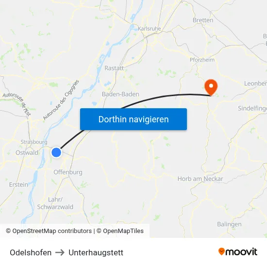 Odelshofen to Unterhaugstett map