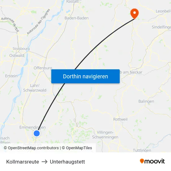 Kollmarsreute to Unterhaugstett map