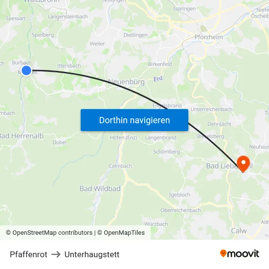 Pfaffenrot to Unterhaugstett map