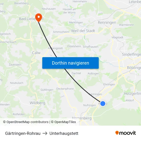 Gärtringen-Rohrau to Unterhaugstett map