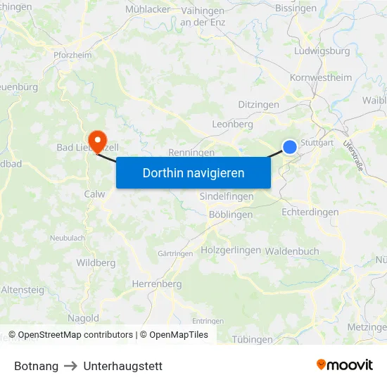 Botnang to Unterhaugstett map