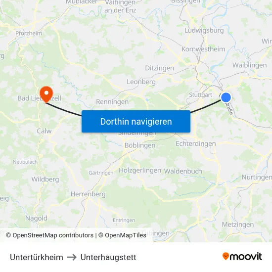 Untertürkheim to Unterhaugstett map