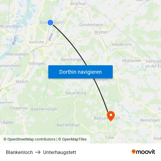 Blankenloch to Unterhaugstett map