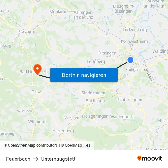 Feuerbach to Unterhaugstett map