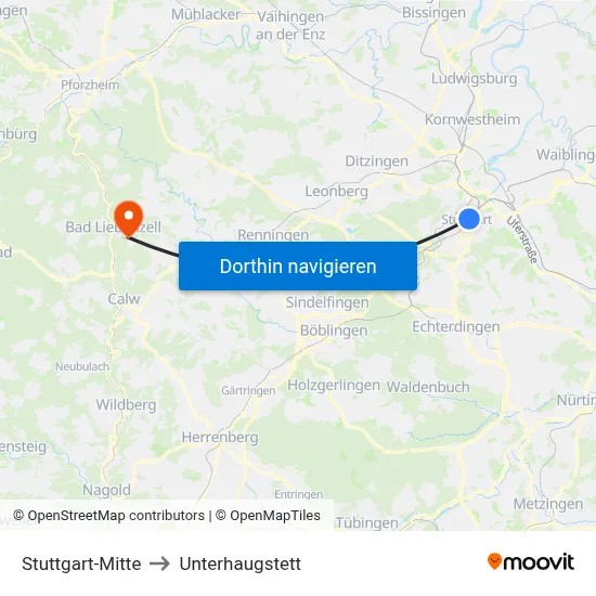 Stuttgart-Mitte to Unterhaugstett map