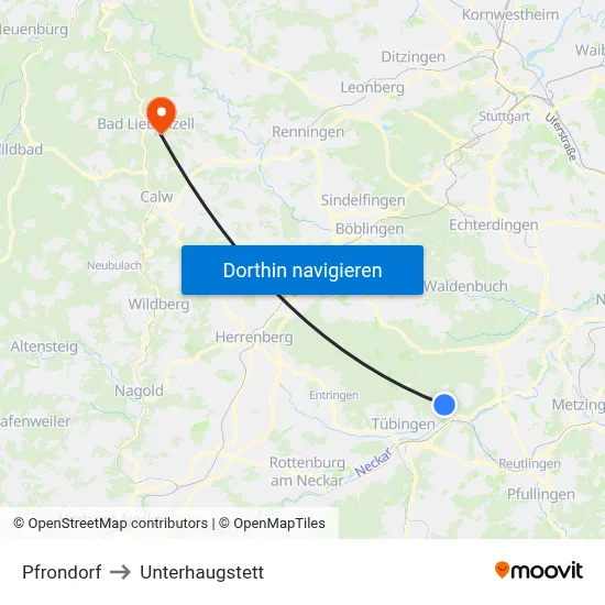 Pfrondorf to Unterhaugstett map