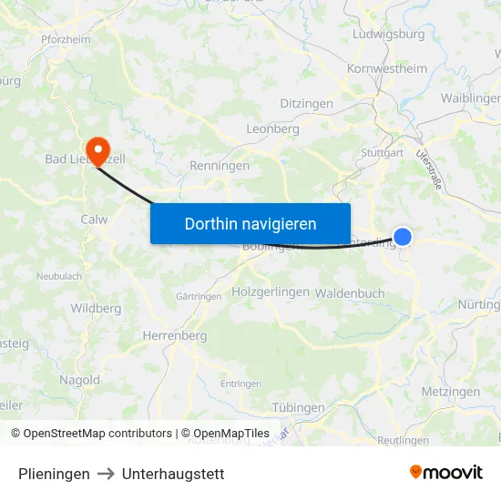 Plieningen to Unterhaugstett map