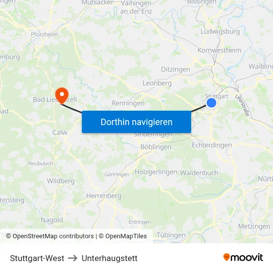 Stuttgart-West to Unterhaugstett map