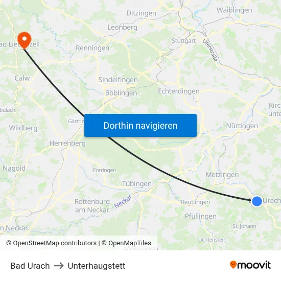 Bad Urach to Unterhaugstett map