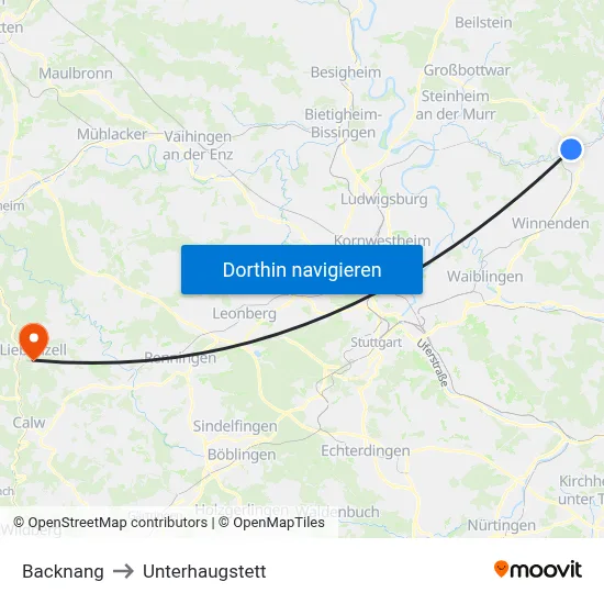 Backnang to Unterhaugstett map