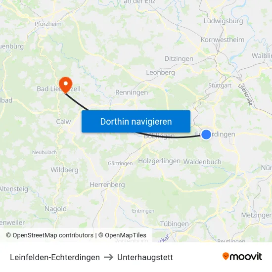 Leinfelden-Echterdingen to Unterhaugstett map