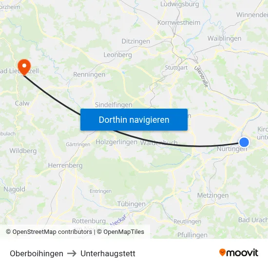Oberboihingen to Unterhaugstett map