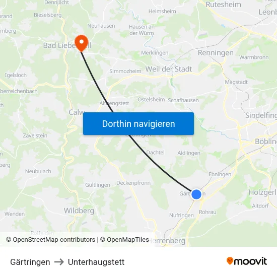 Gärtringen to Unterhaugstett map