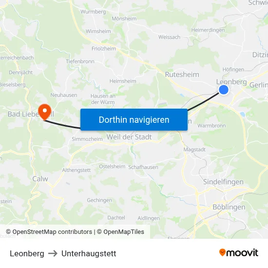 Leonberg to Unterhaugstett map