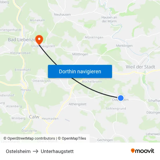 Ostelsheim to Unterhaugstett map