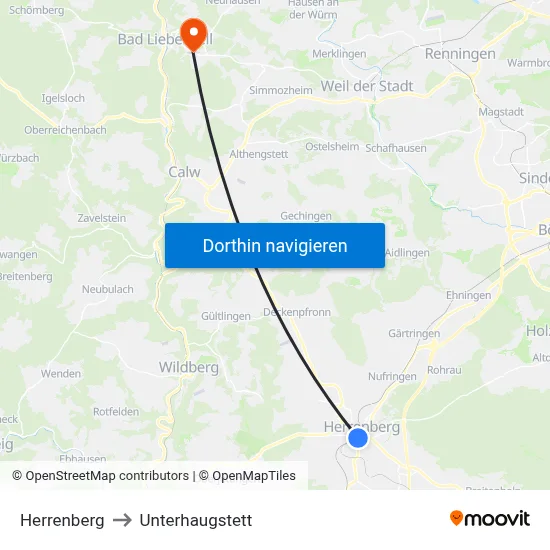 Herrenberg to Unterhaugstett map