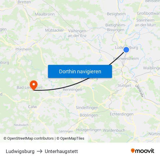 Ludwigsburg to Unterhaugstett map