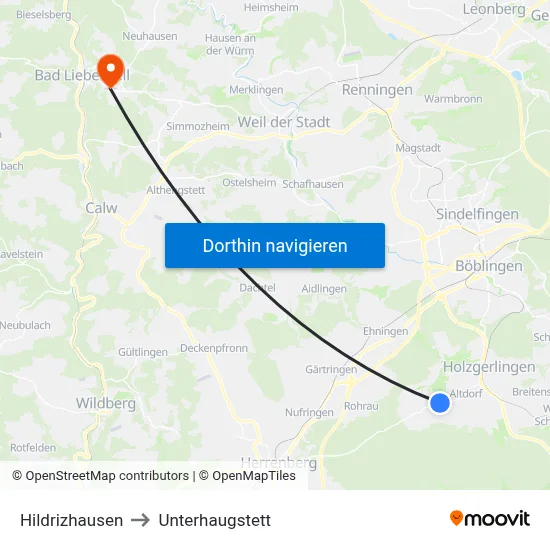 Hildrizhausen to Unterhaugstett map