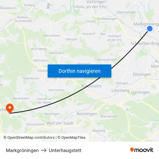 Markgröningen to Unterhaugstett map