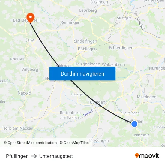 Pfullingen to Unterhaugstett map