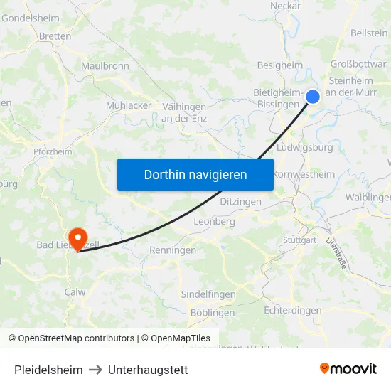 Pleidelsheim to Unterhaugstett map