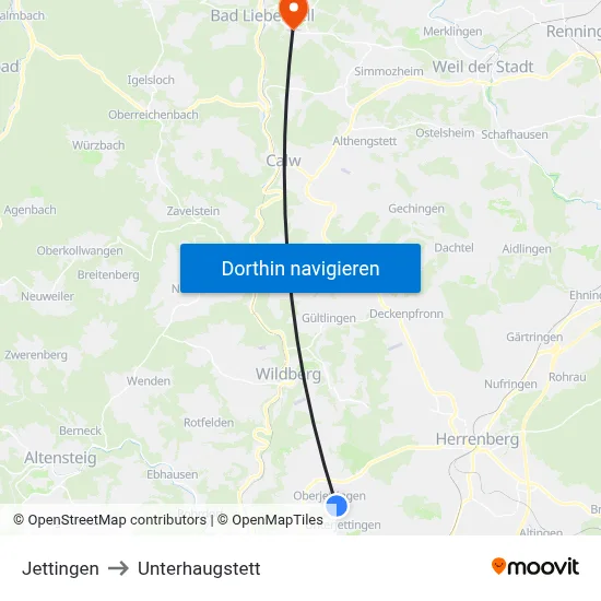 Jettingen to Unterhaugstett map