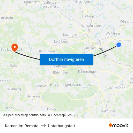 Kernen Im Remstal to Unterhaugstett map