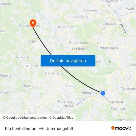 Kirchentellinsfurt to Unterhaugstett map