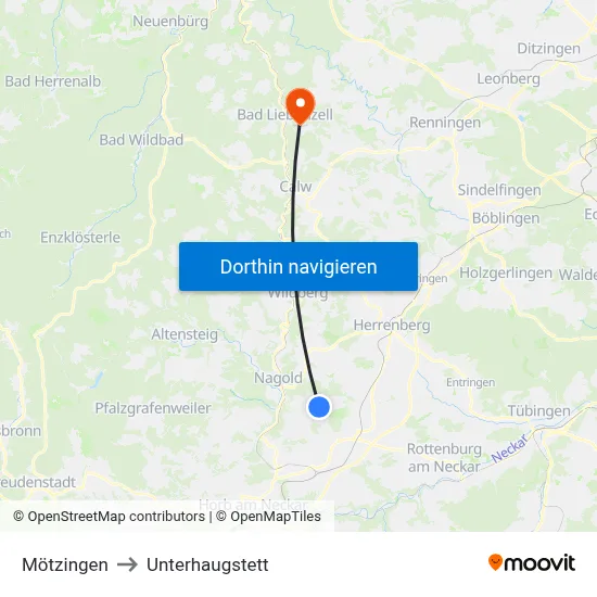 Mötzingen to Unterhaugstett map