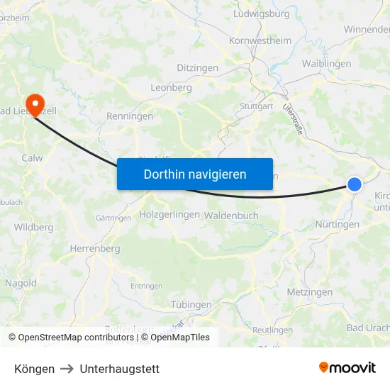Köngen to Unterhaugstett map
