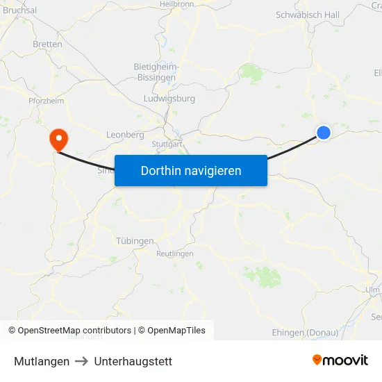Mutlangen to Unterhaugstett map