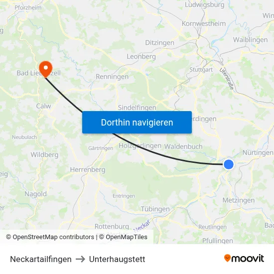 Neckartailfingen to Unterhaugstett map