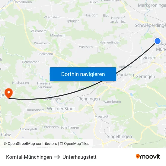 Korntal-Münchingen to Unterhaugstett map
