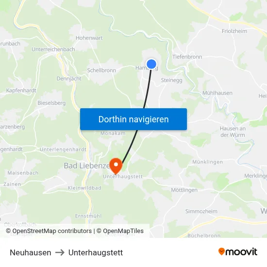 Neuhausen to Unterhaugstett map