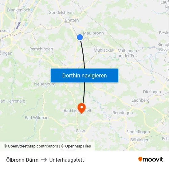 Ölbronn-Dürrn to Unterhaugstett map