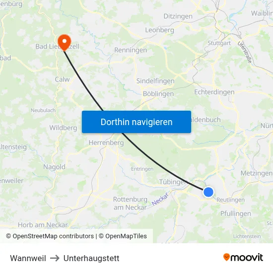 Wannweil to Unterhaugstett map