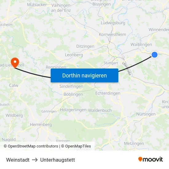 Weinstadt to Unterhaugstett map