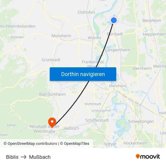 Biblis to Mußbach map