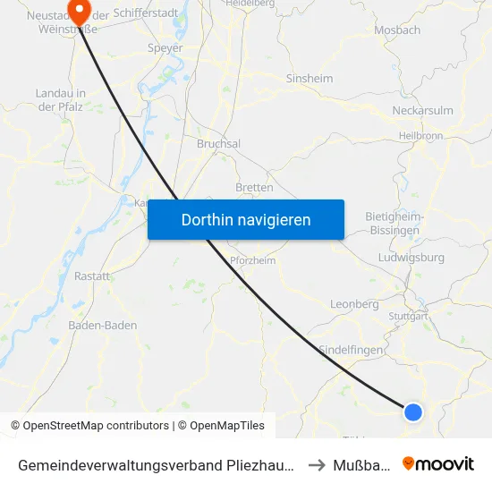 Gemeindeverwaltungsverband Pliezhausen to Mußbach map