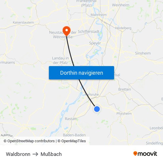 Waldbronn to Mußbach map