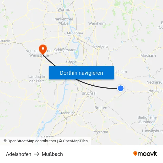 Adelshofen to Mußbach map