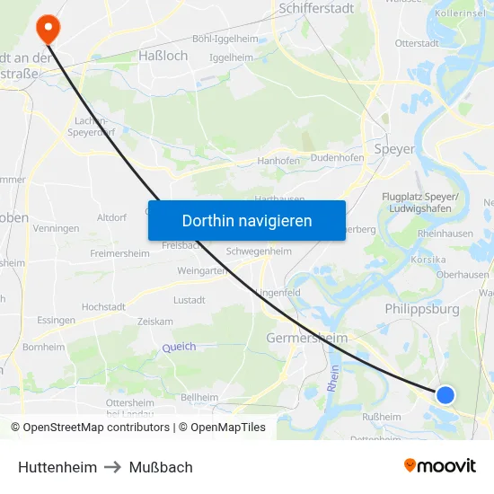 Huttenheim to Mußbach map