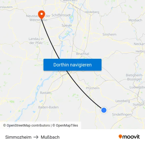 Simmozheim to Mußbach map