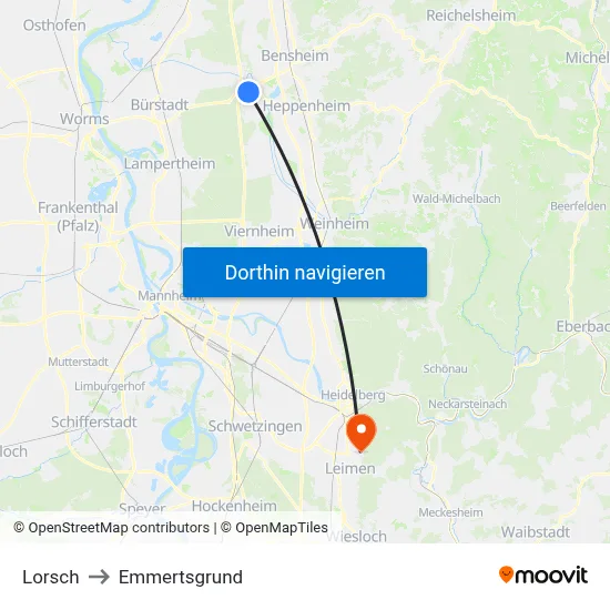 Lorsch to Emmertsgrund map