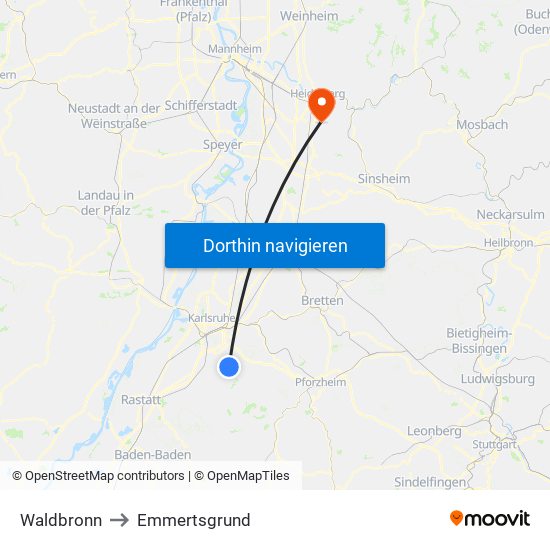 Waldbronn to Emmertsgrund map