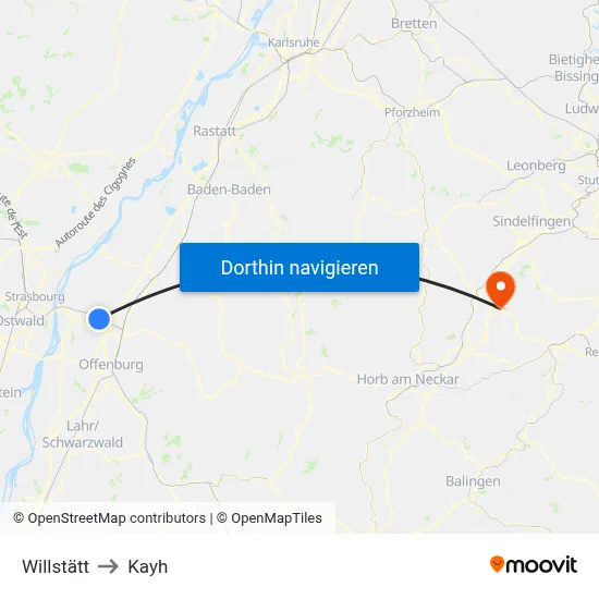 Willstätt to Kayh map
