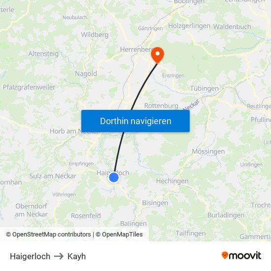 Haigerloch to Kayh map