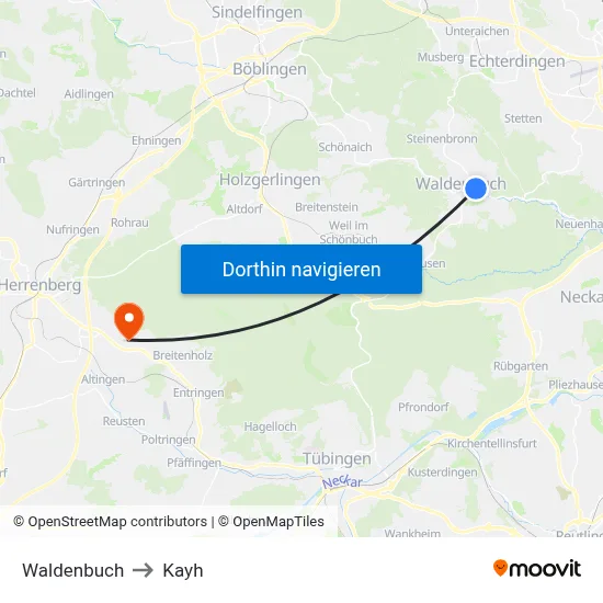 Waldenbuch to Kayh map