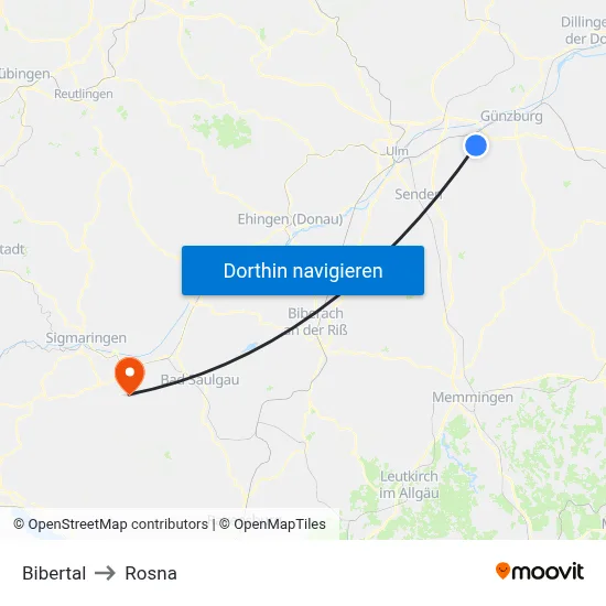 Bibertal to Rosna map