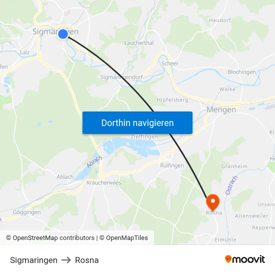 Sigmaringen to Rosna map